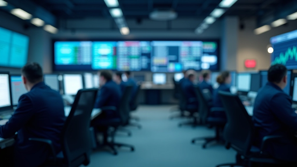 Obchodní místnost banky s několika zaměstnanci pracujícími na počítačích