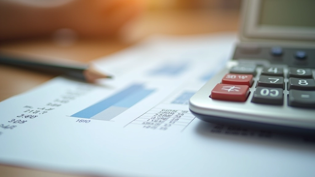 Kalkulačka s finančními čísly a tužkou na papíru s tabulkou