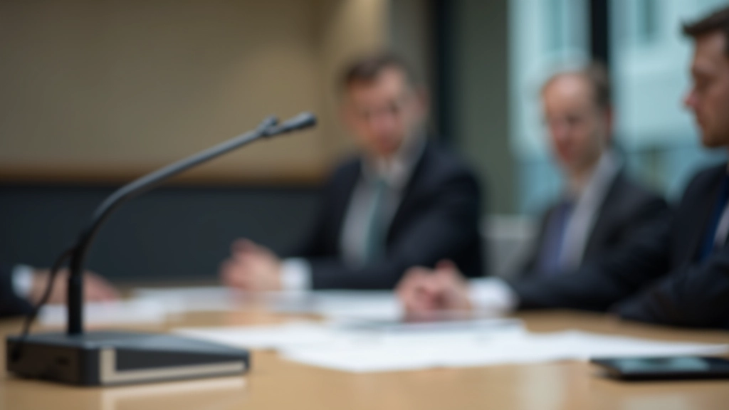 Bankovní sál s mikrofonem během tiskové konference